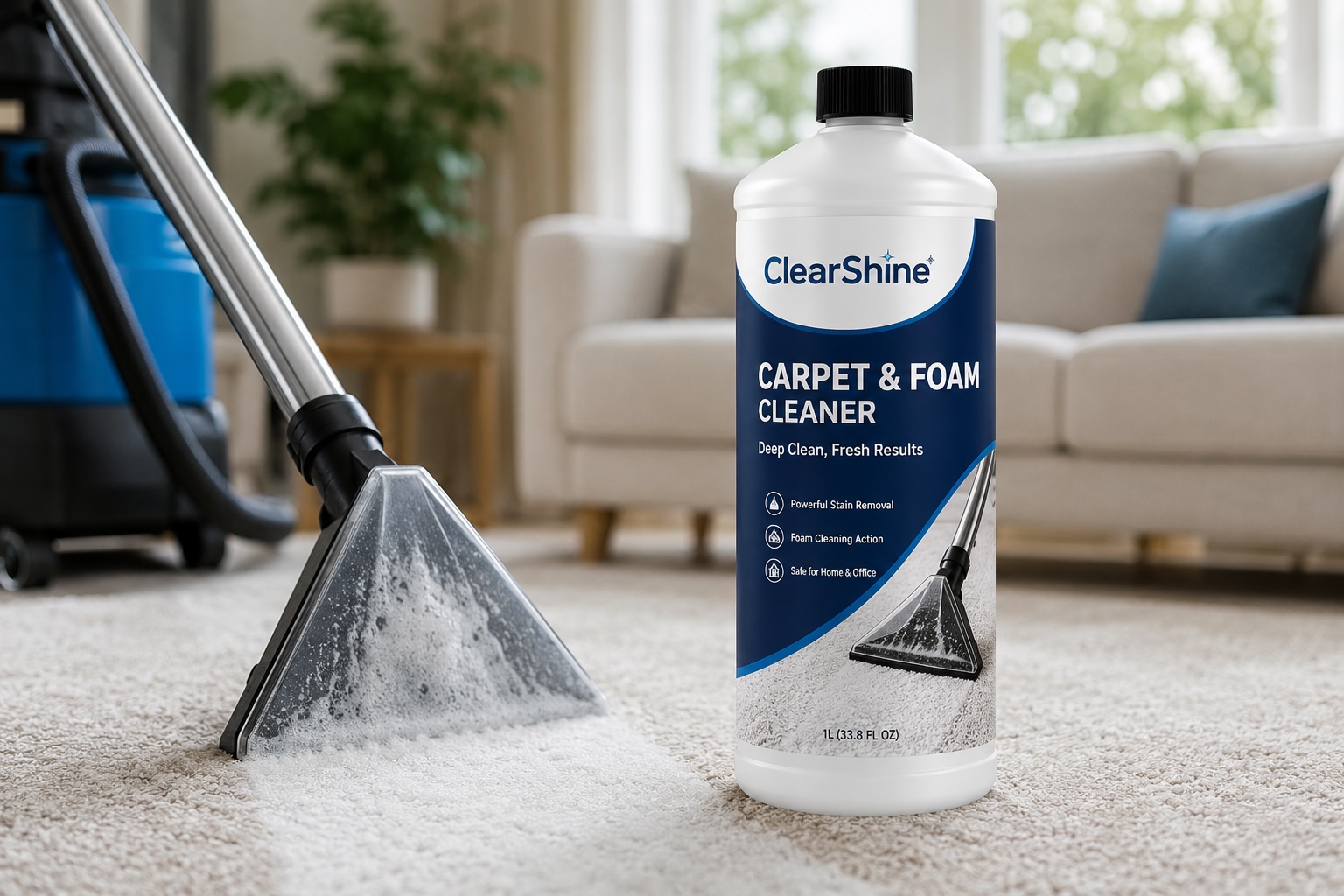 ClearShine Carpet & Foam Cleaner bottle next to a carpet extractor in a bright living room