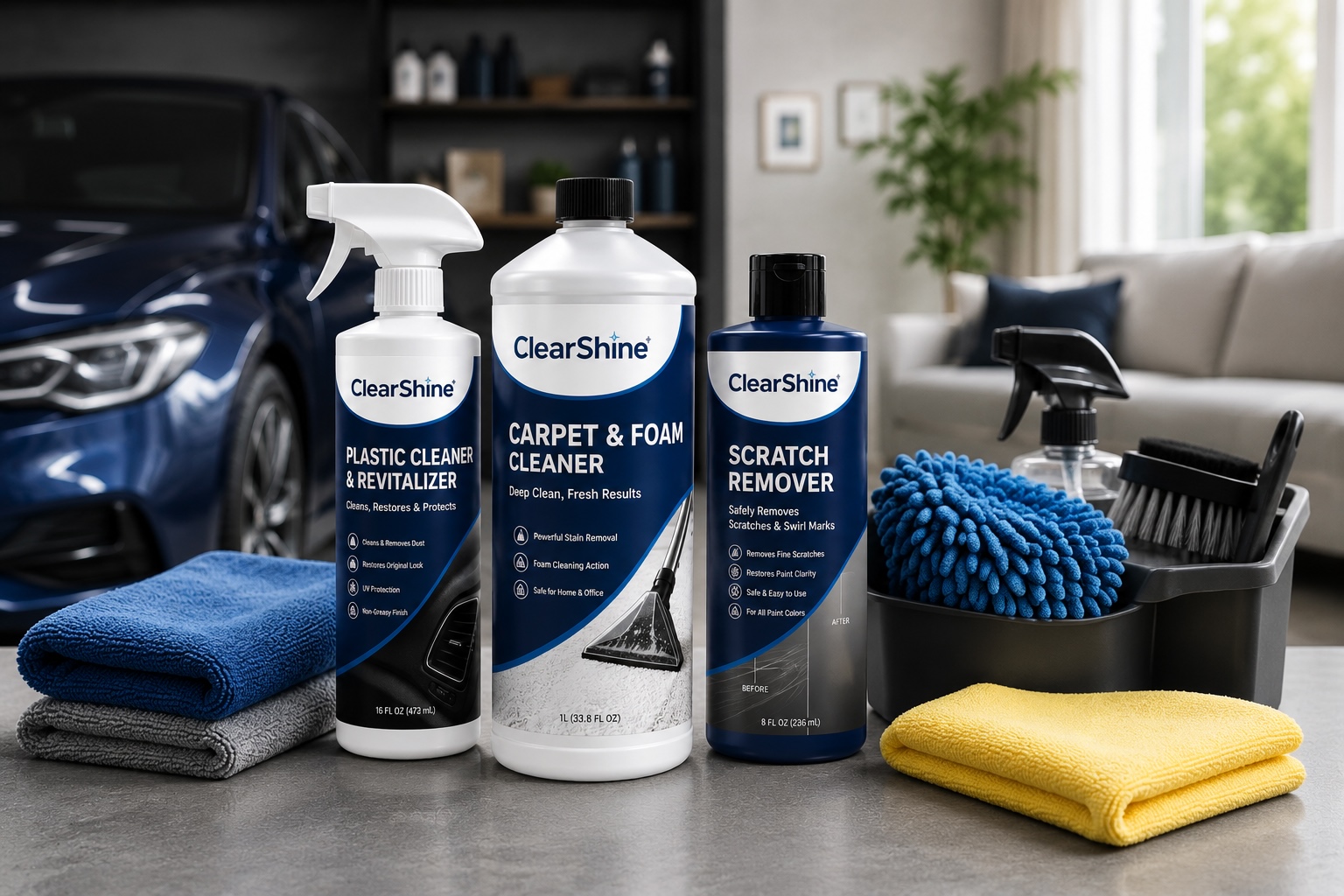 ClearShine Plastic Cleaner, Carpet & Foam Cleaner, and Scratch Remover bottles on a counter with microfiber towels and a car in the background