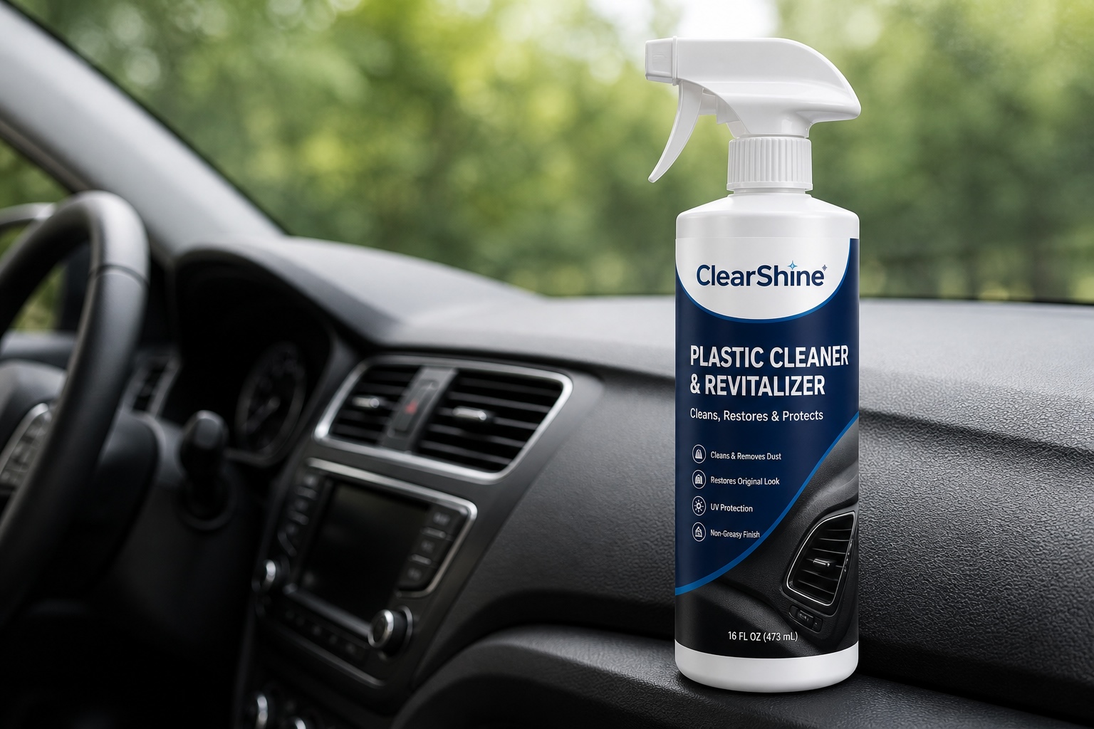ClearShine Plastic Cleaner & Revitalizer spray bottle resting on a clean car dashboard