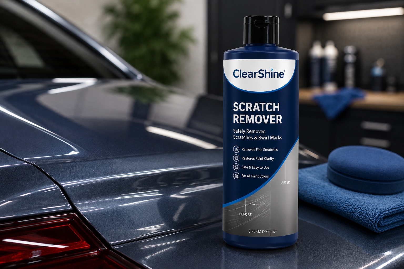 ClearShine Scratch Remover bottle on the polished hood of a dark blue car with a microfiber applicator